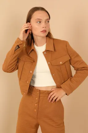 KKT Quilted Fabric Long Sleeve Shirt Collar Short Full Fit Button Up Women Jacket - Light Brown - North Brunswick