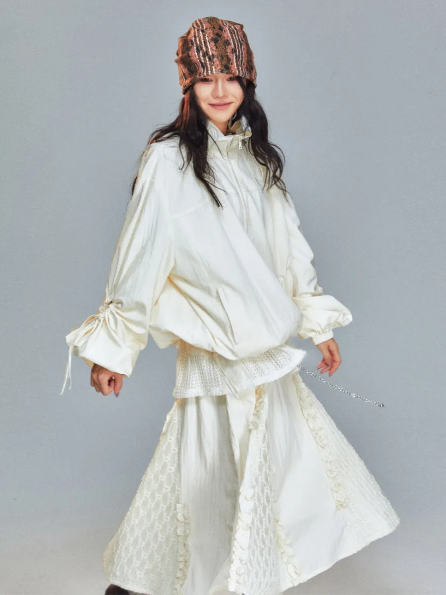Lace Frill European Wrinkled Flare Sweet Long-Skirt