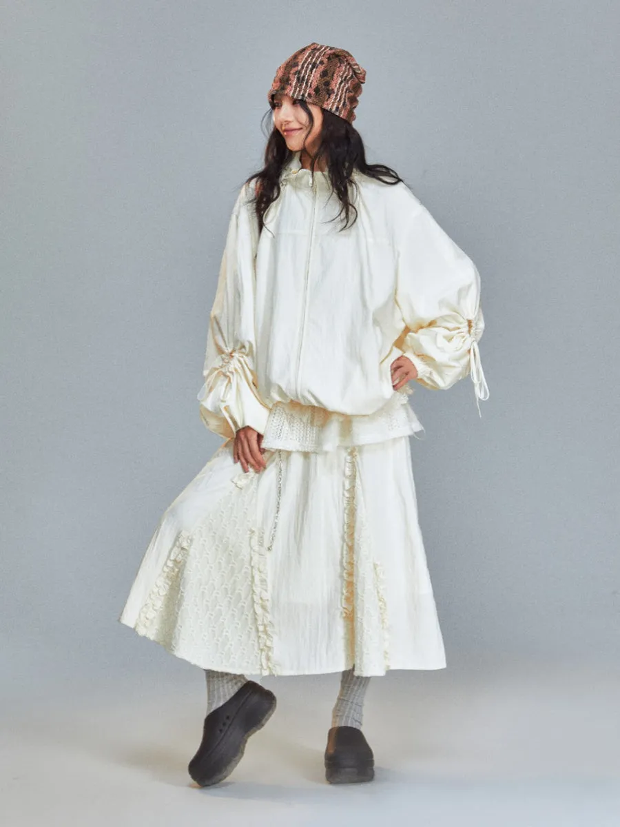 Lace Frill European Wrinkled Flare Sweet Long-Skirt