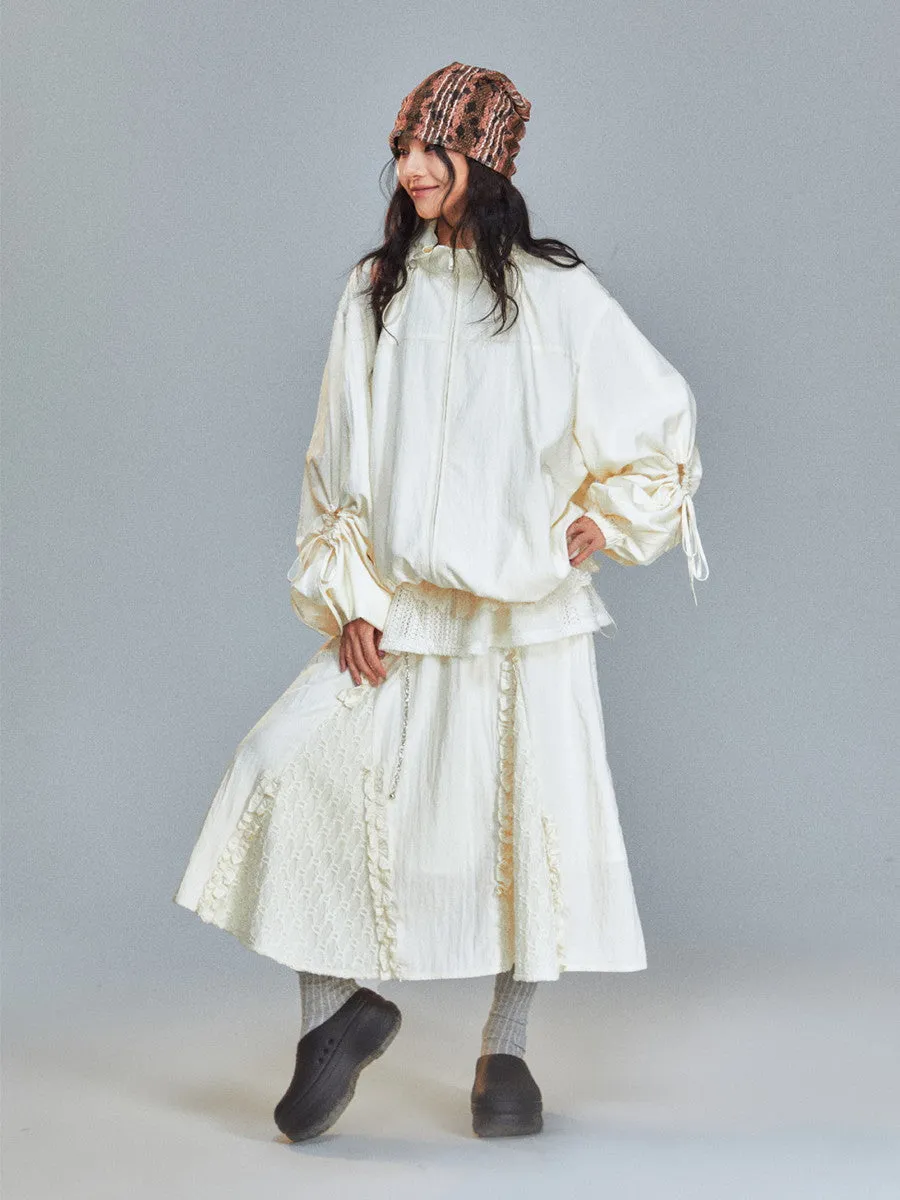 Lace Frill European Wrinkled Flare Sweet Long-Skirt