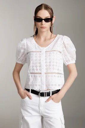 Lace V-Neck Hollow Embroidered Shirt