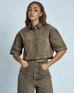 Lacy Acid Wash Cropped Denim Shirt