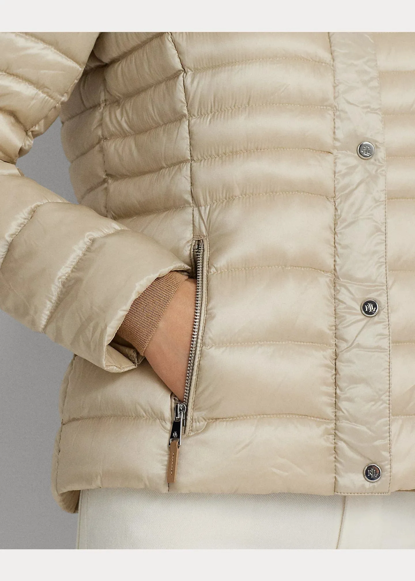 Lauren Ralph Lauren Metallic Mockneck Down Coat in Beige