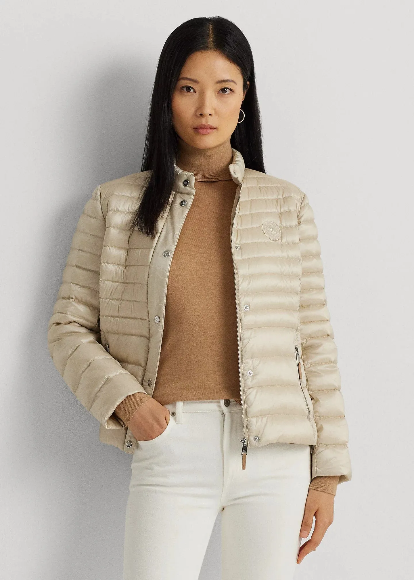Lauren Ralph Lauren Metallic Mockneck Down Coat in Beige