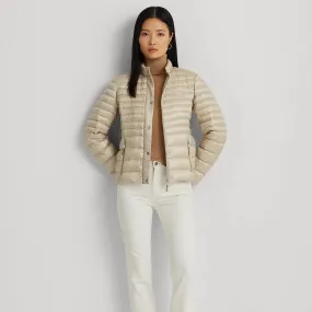Lauren Ralph Lauren Metallic Mockneck Down Coat in Beige
