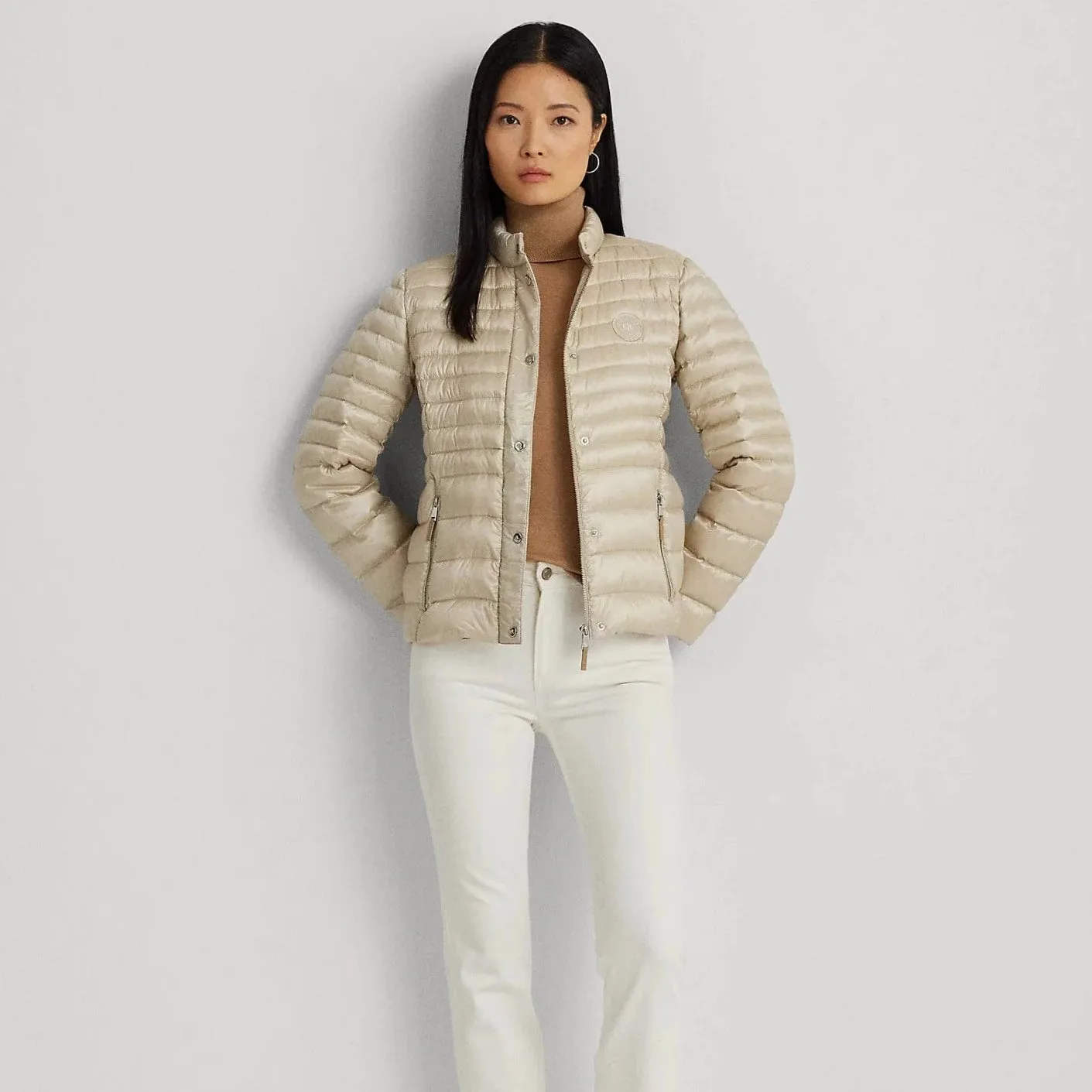 Lauren Ralph Lauren Metallic Mockneck Down Coat in Beige
