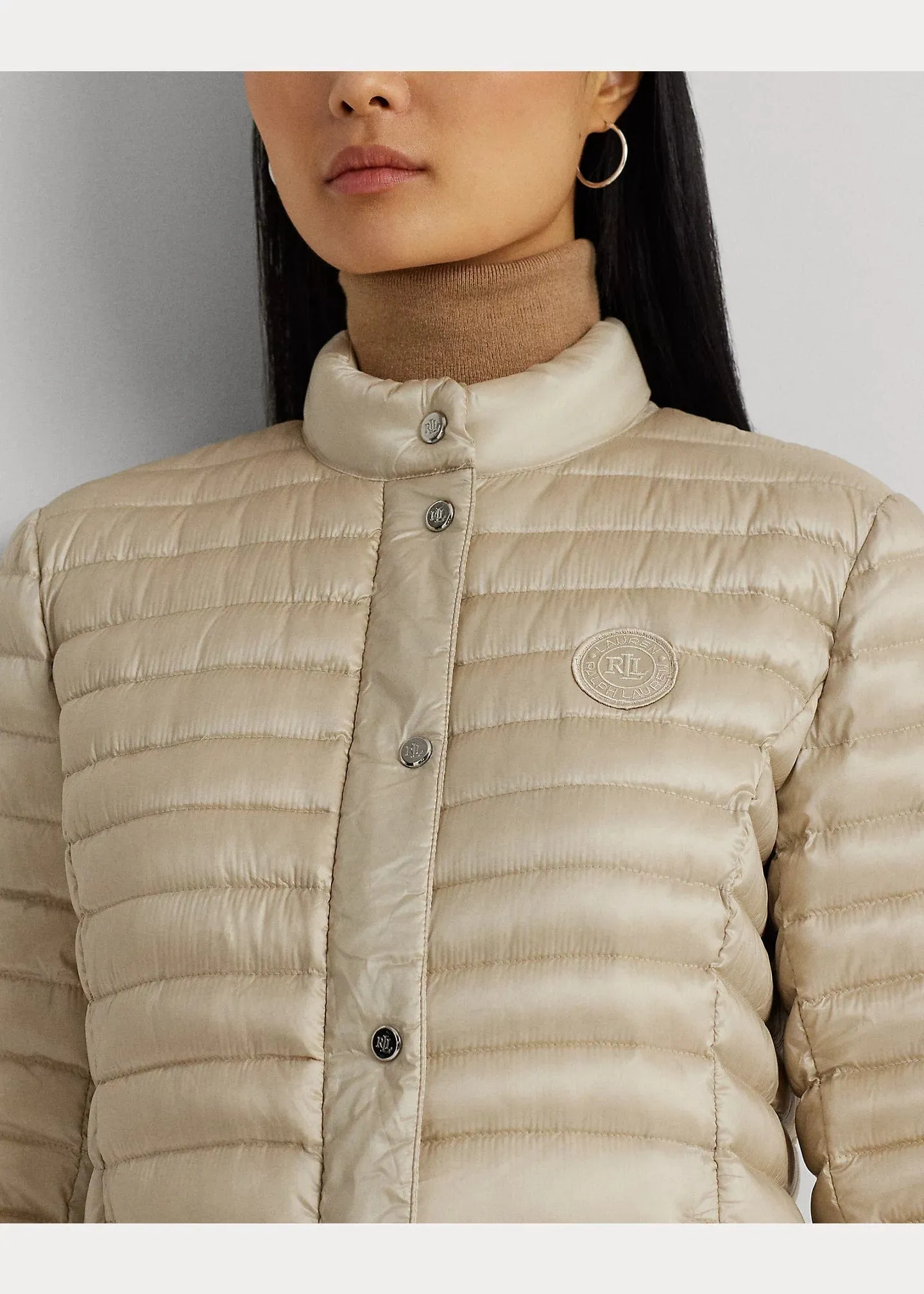 Lauren Ralph Lauren Metallic Mockneck Down Coat in Beige