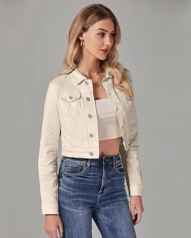 Light Beige Women's Basic Long Sleeves Fitted Denim Cropped Jacket