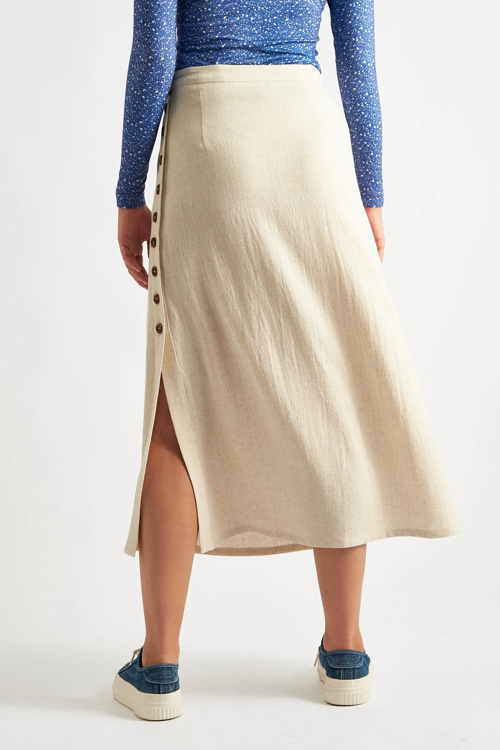 Lloyd Linen Mix Side Button Midi Skirt - Natural