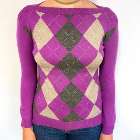 Loganberry Purple Argyle Cashmere Boat Neck Jumper Small