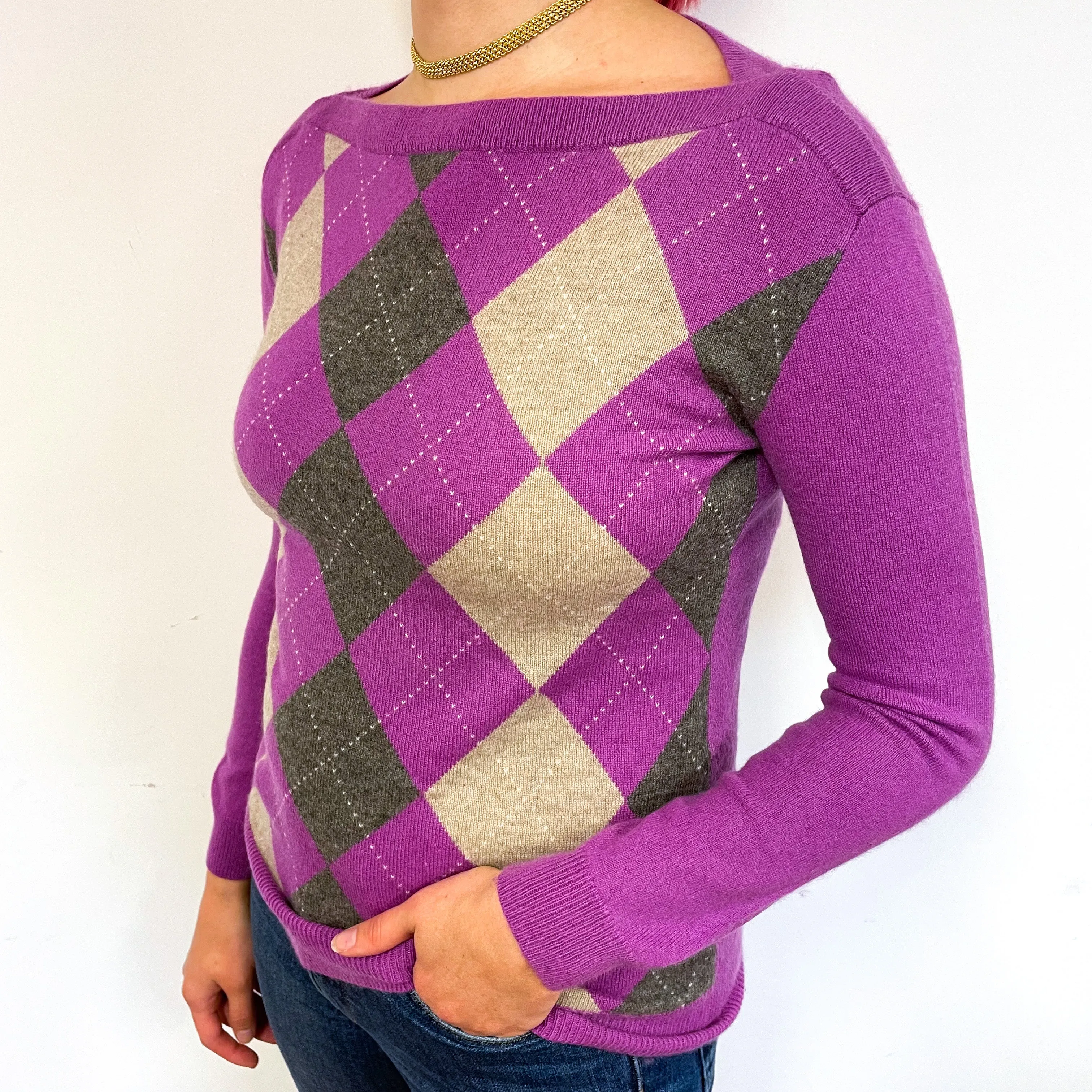 Loganberry Purple Argyle Cashmere Boat Neck Jumper Small