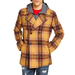 Mens Brown Plaid Pea Coat -  Wool Checkered Peacoat
