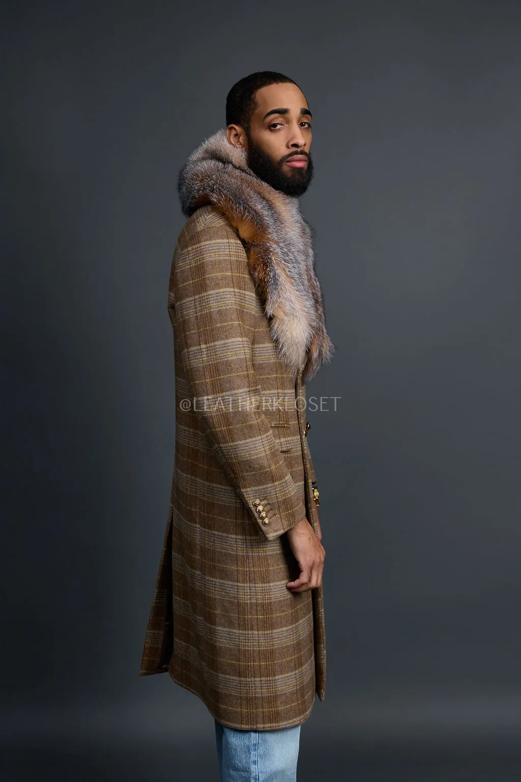 Men's Cashmere Trench Coat With Fox Collar [Brown Checks]