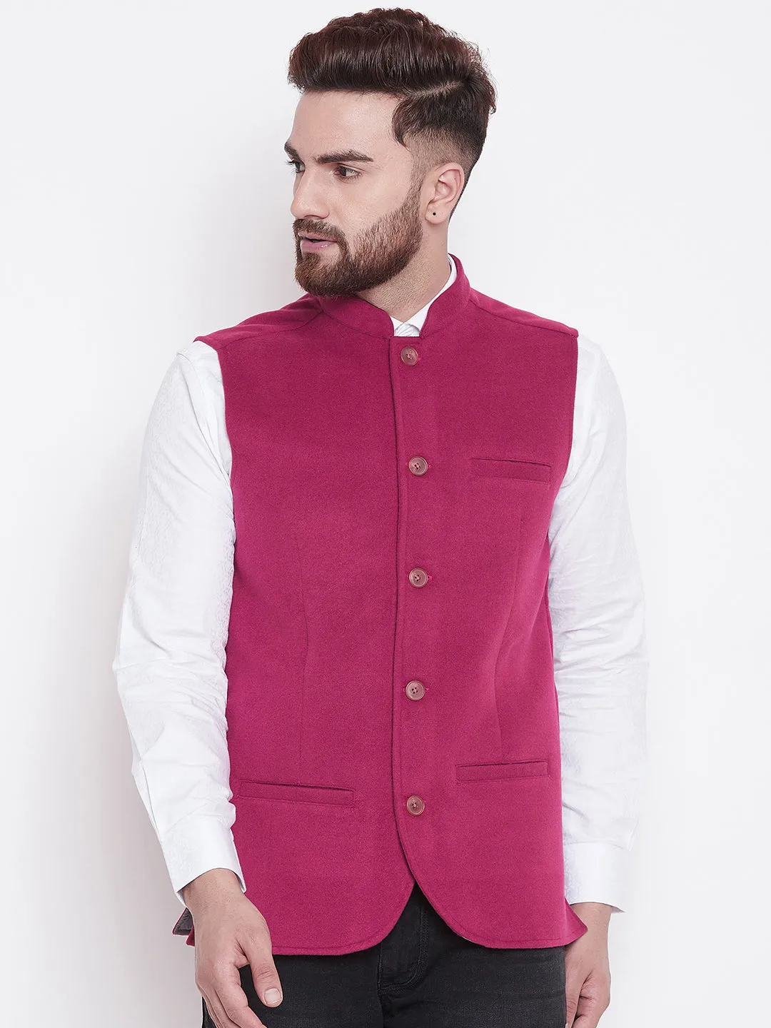 Men's Pink Blended Wool Nehru Jacket - Even Apparels