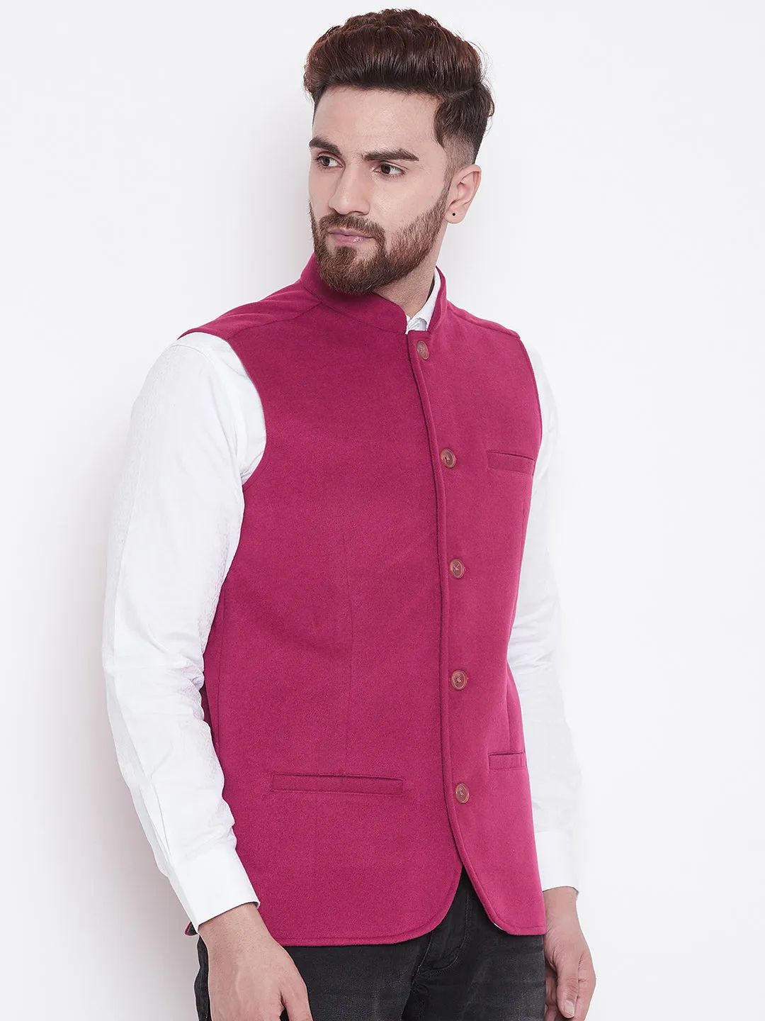 Men's Pink Blended Wool Nehru Jacket - Even Apparels