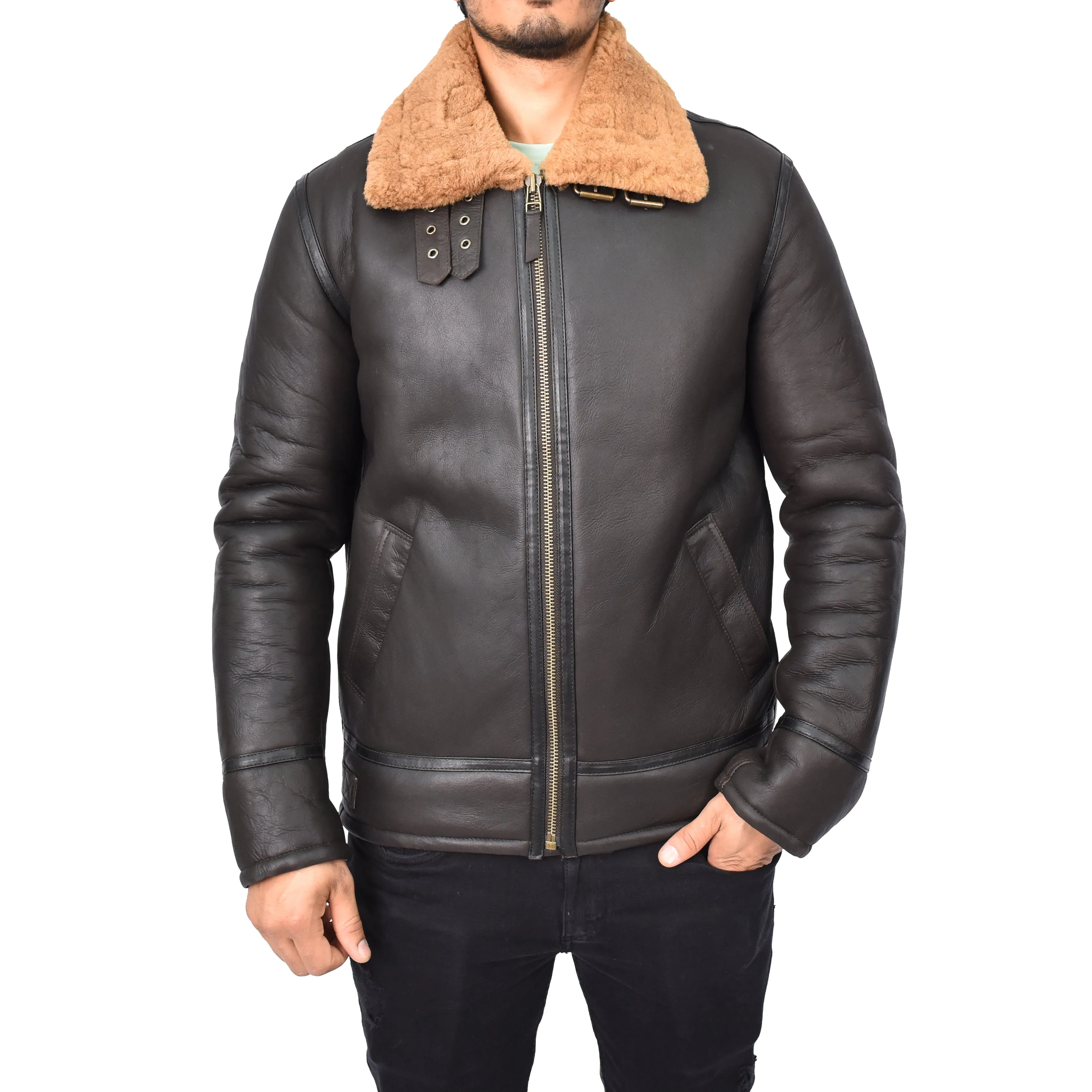 Men's Top Gun Style Real Sheepskin Jacket Brown Jannick