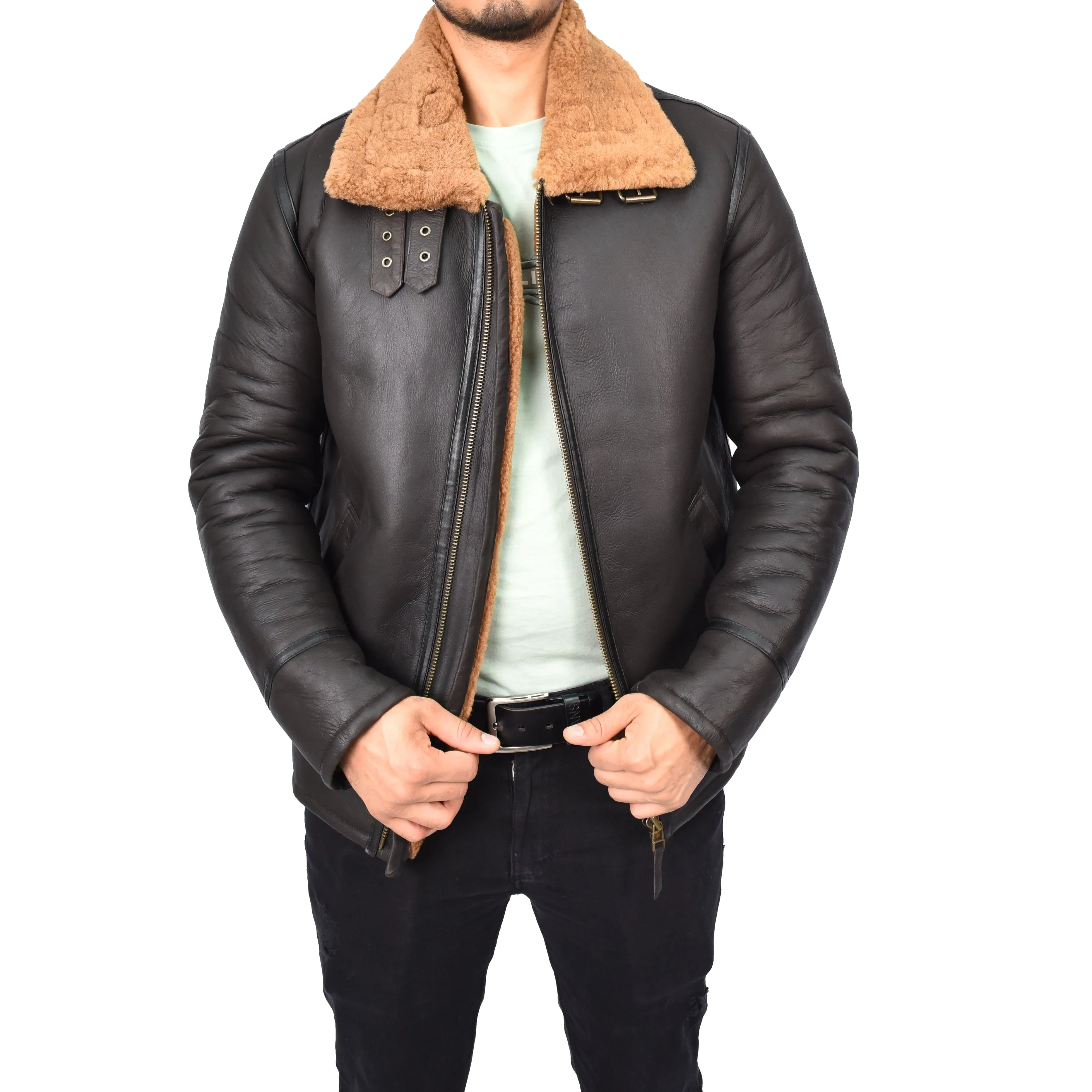Men's Top Gun Style Real Sheepskin Jacket Brown Jannick