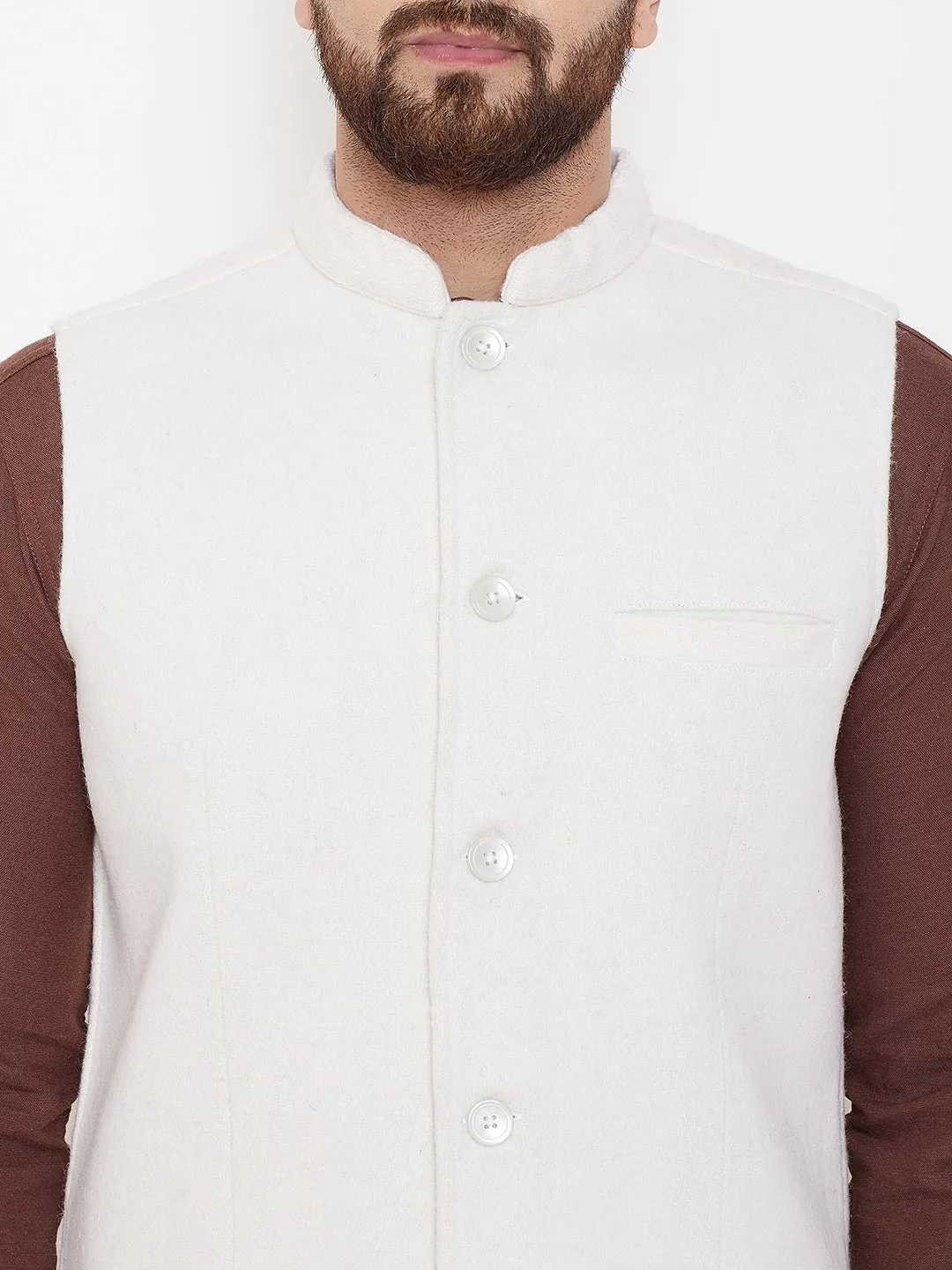 Men's White Wool Nehru Jacket  - Even Apparels