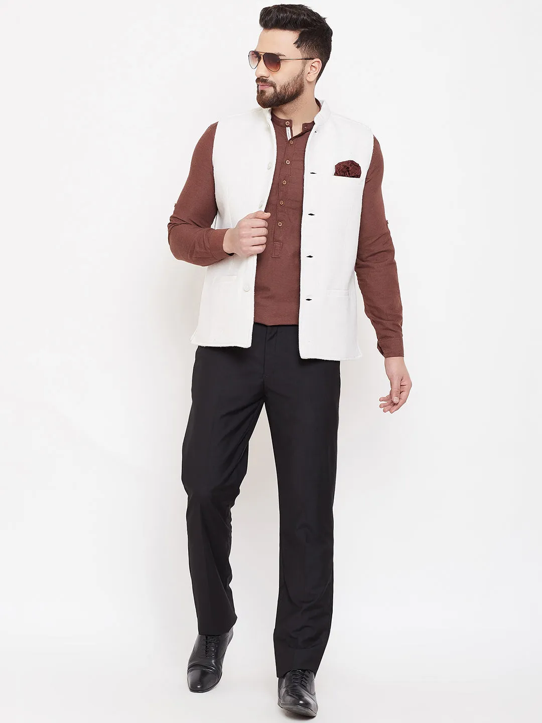 Men's White Wool Nehru Jacket  - Even Apparels