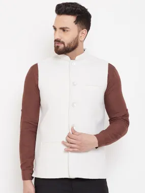 Men's White Wool Nehru Jacket  - Even Apparels