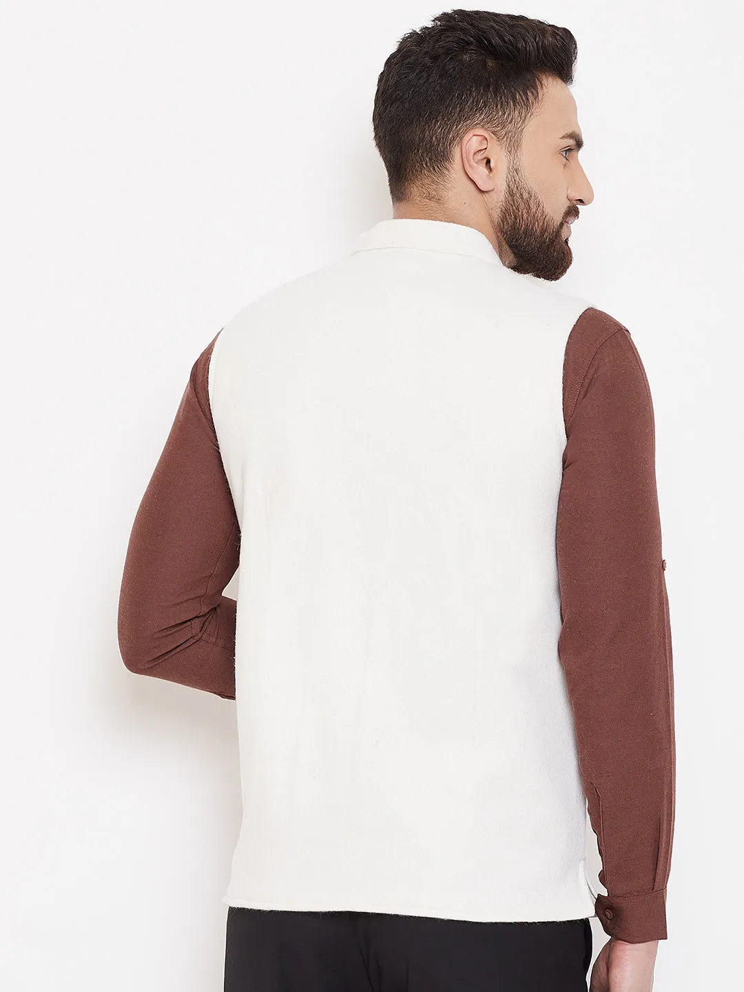 Men's White Wool Nehru Jacket  - Even Apparels