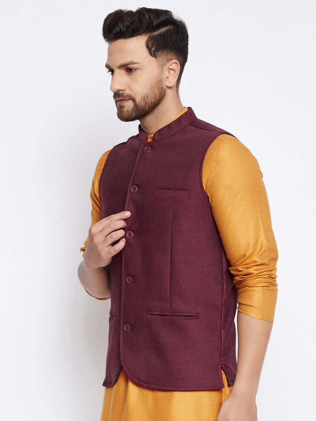 Men's Woven Design Nehru Jacket - Even Apparels