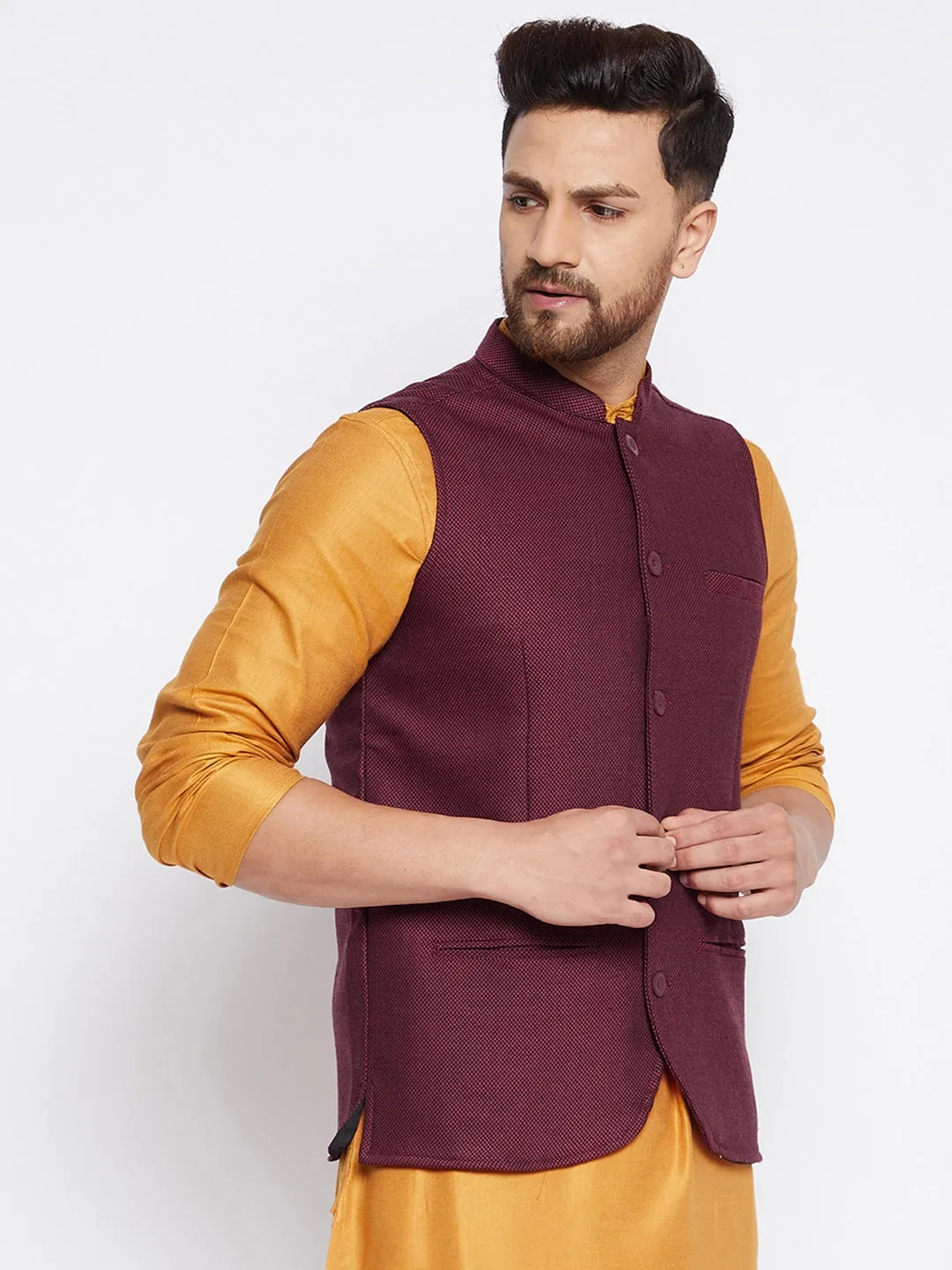 Men's Woven Design Nehru Jacket - Even Apparels