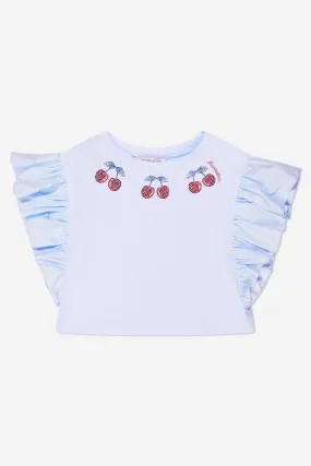 Monnalisa Girls Cropped Cherry T-Shirt in Blue