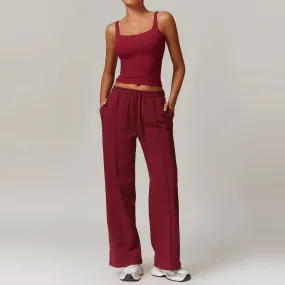 Moody Solid Color Stretchy Spaghetti Strap And Patchwork Sweatpants Set