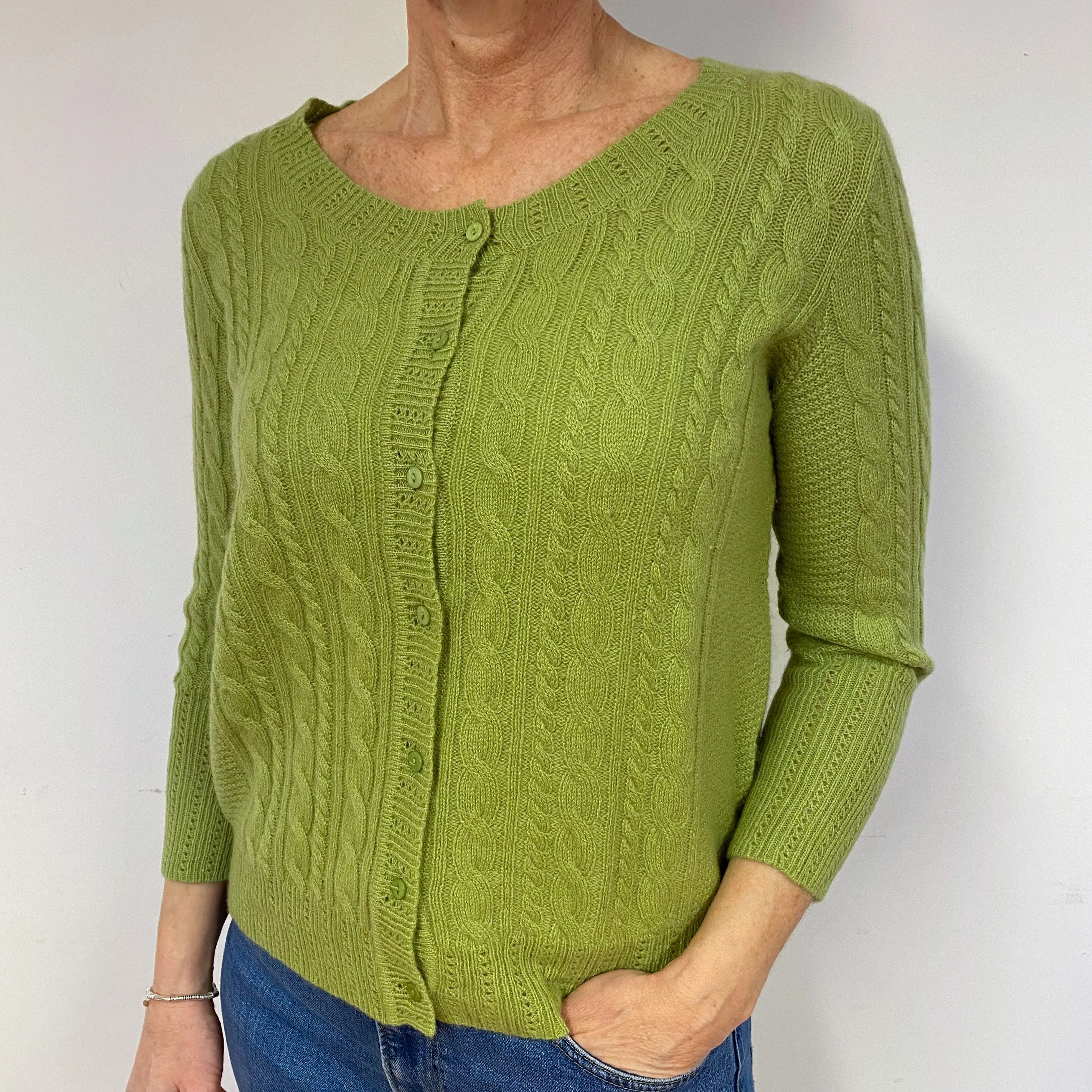 Pear Green Cable Cashmere Crew Neck Cardigan Medium