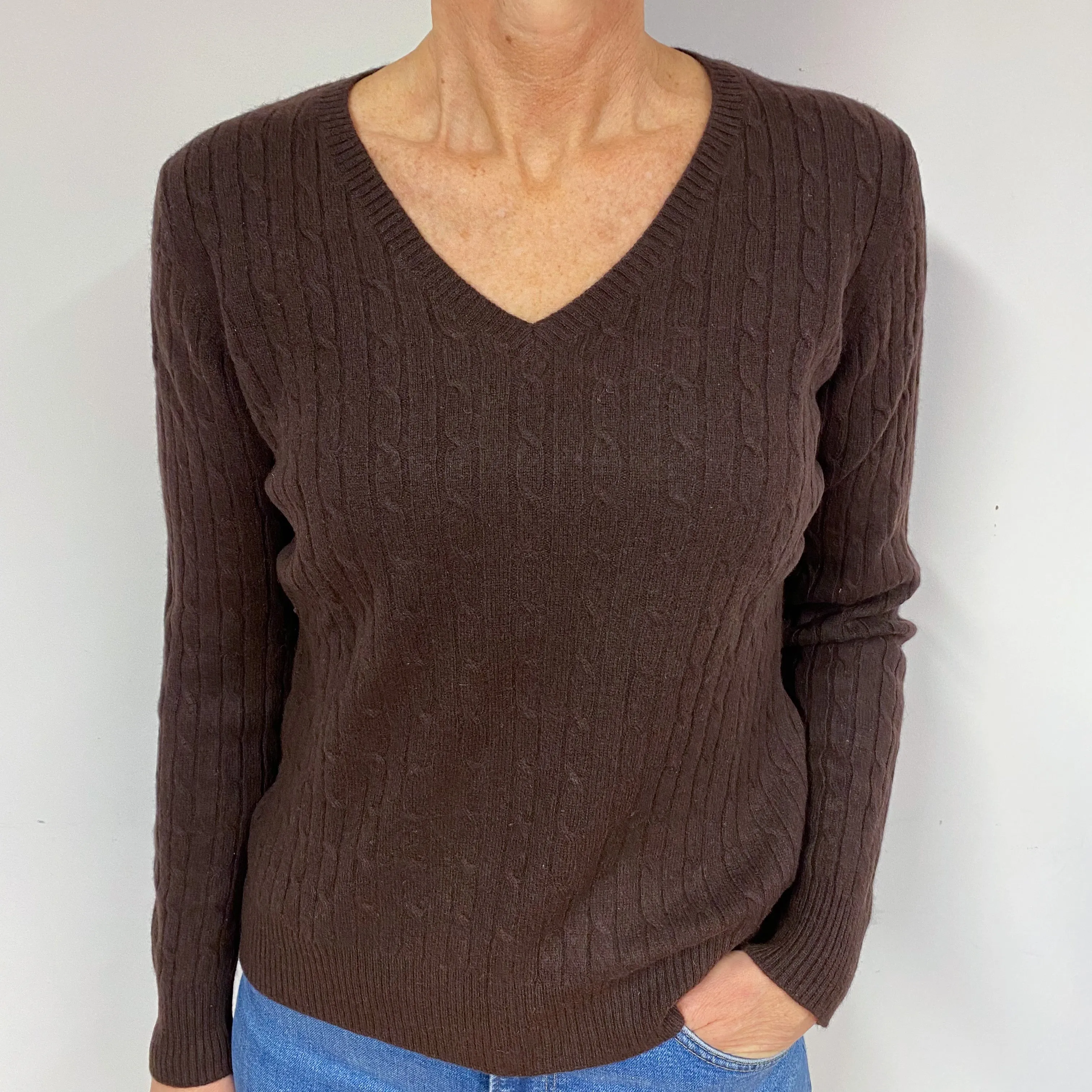 Peppercorn Brown Cable Cashmere V-Neck Jumper Medium