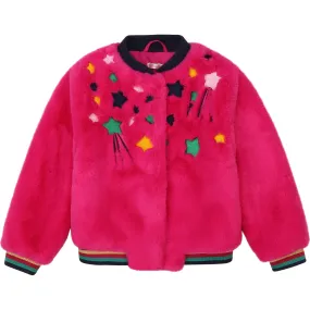 Pink Faux Fur Jacket with Star Embroidery