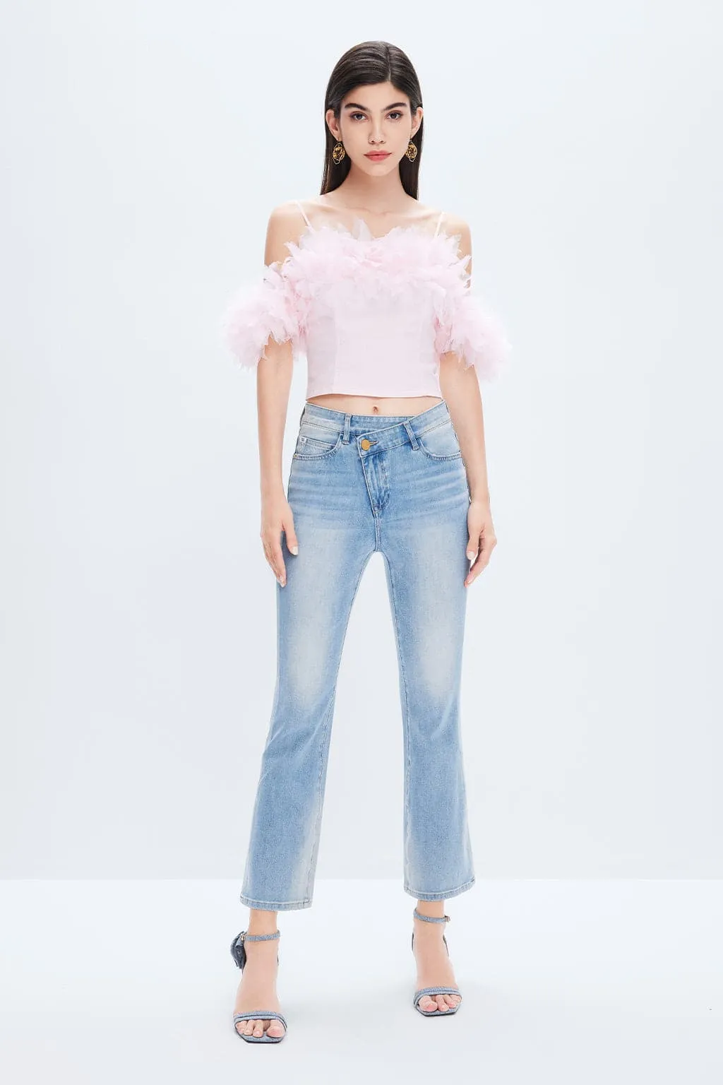 Pink Feather Denim Top
