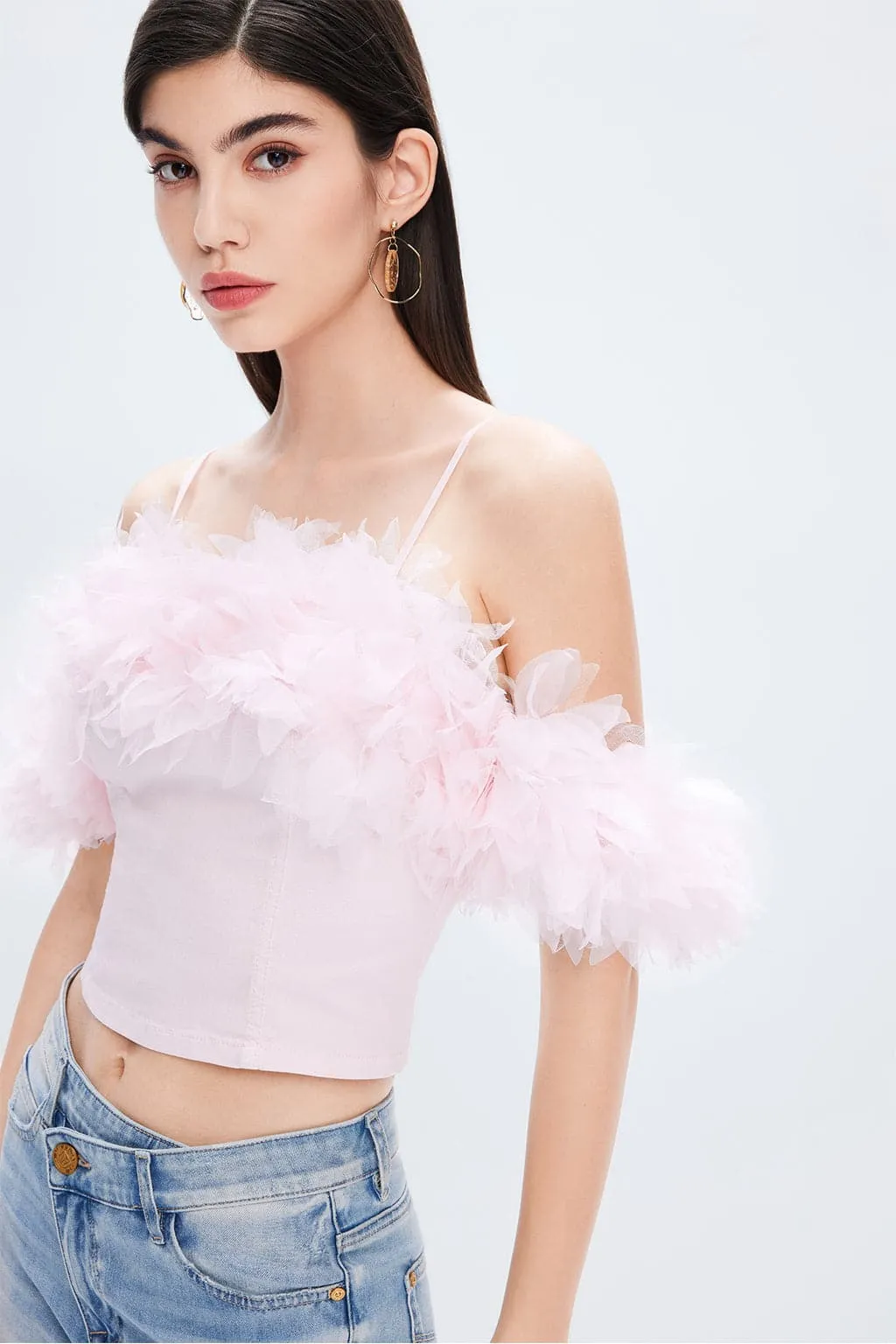 Pink Feather Denim Top
