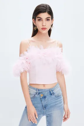 Pink Feather Denim Top