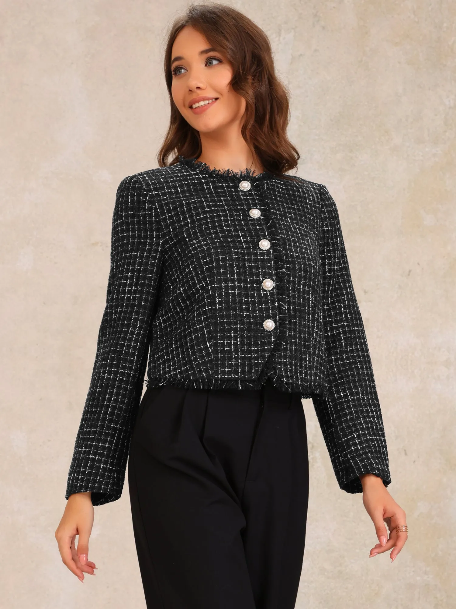 Plaid Tweed Crew Neck Cropped Button Up Jacket