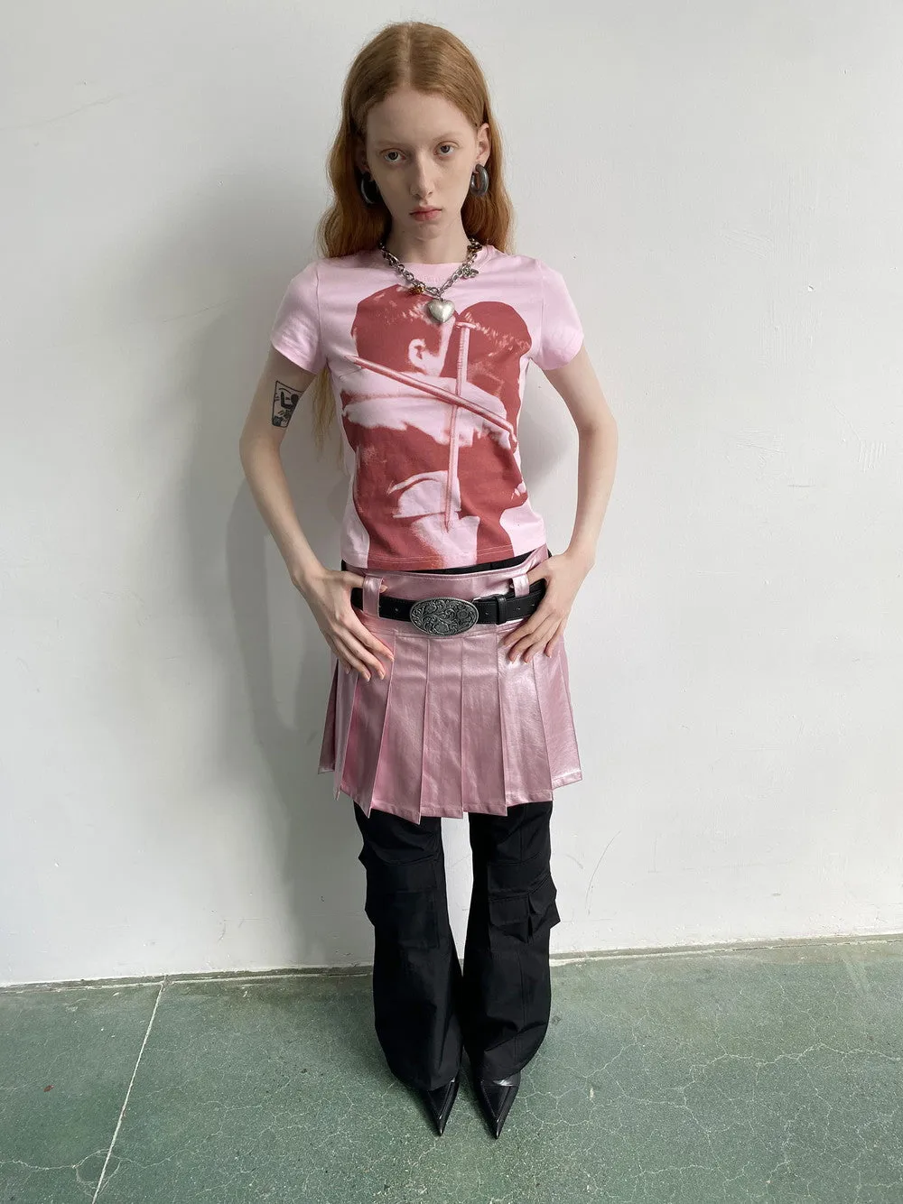 Pleatas Glossy Leather Mini-Skirt