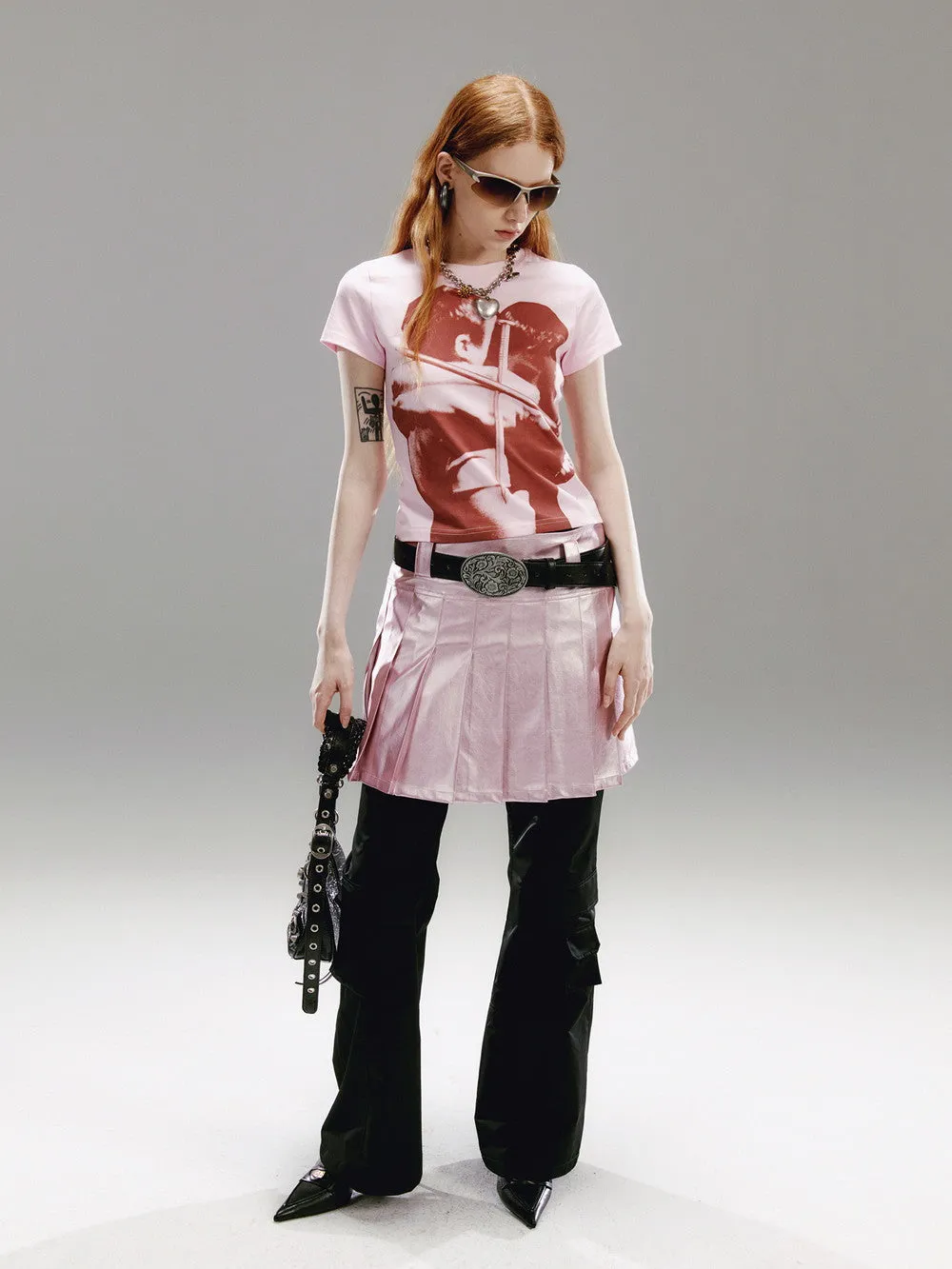 Pleatas Glossy Leather Mini-Skirt