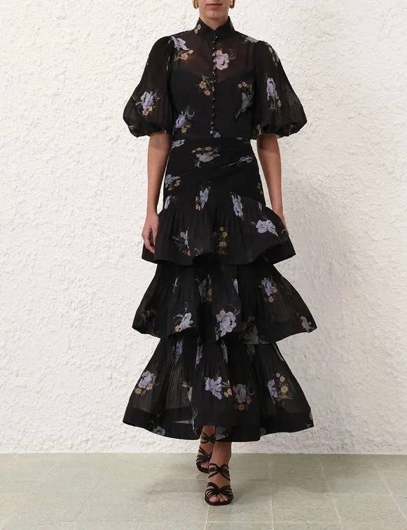 Pleated Tiered Skirt (Black Iris Floral)