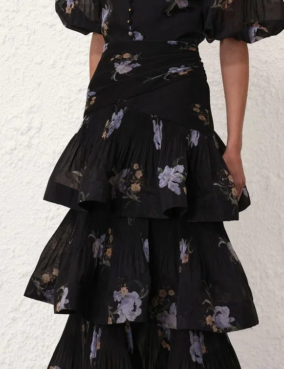 Pleated Tiered Skirt (Black Iris Floral)