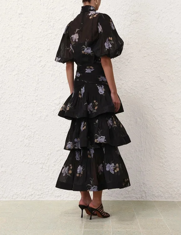 Pleated Tiered Skirt (Black Iris Floral)