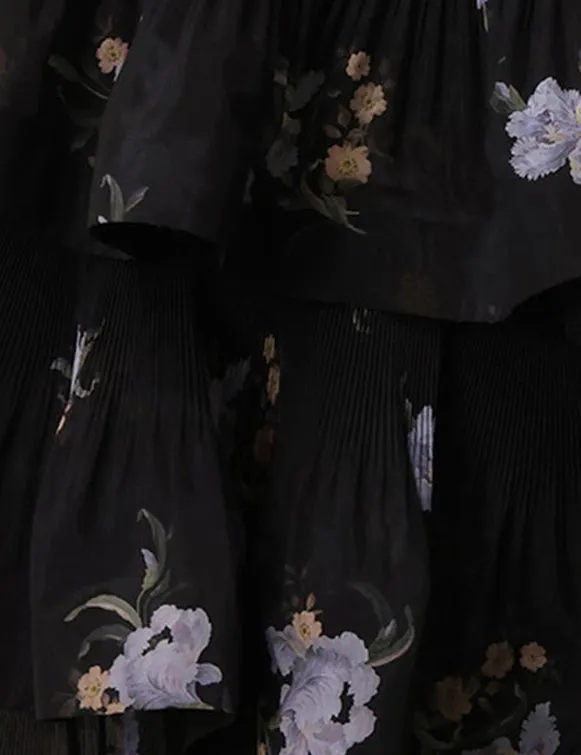 Pleated Tiered Skirt (Black Iris Floral)