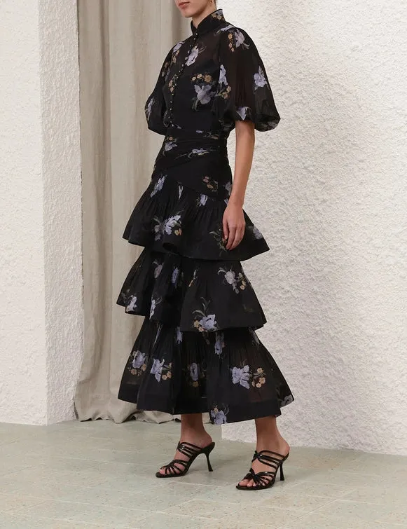 Pleated Tiered Skirt (Black Iris Floral)