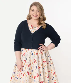 Plus Size Navy Blue Three-Quarter Sleeve Button Up Crop Cardigan