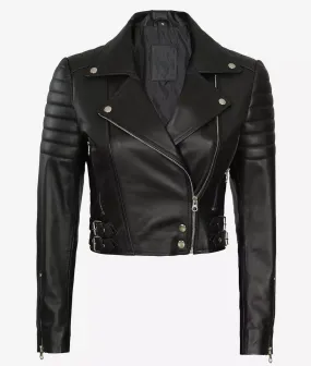 Premium Women Asymmetrical Black Cropped Moto Leather Jacket By TJS