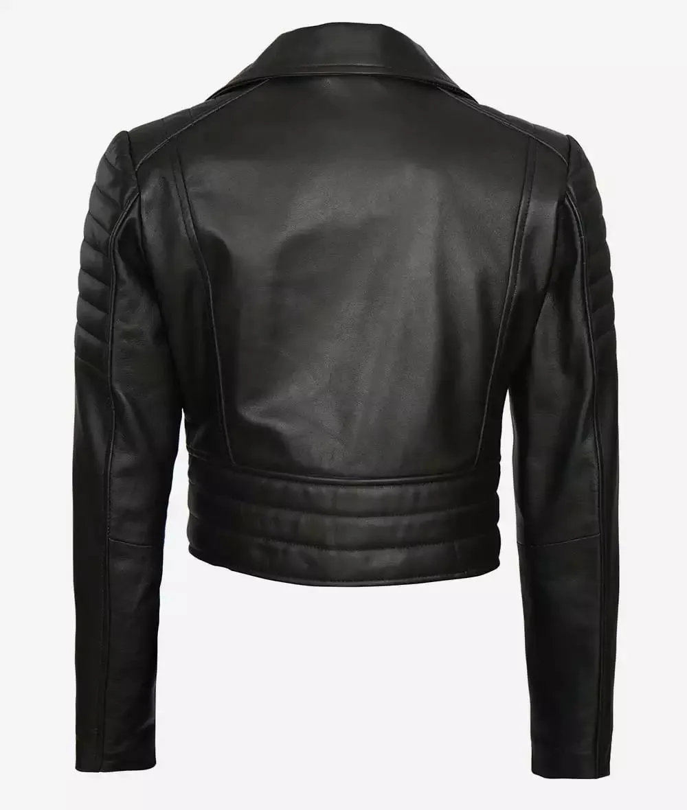 Premium Women Asymmetrical Black Cropped Moto Leather Jacket By TJS