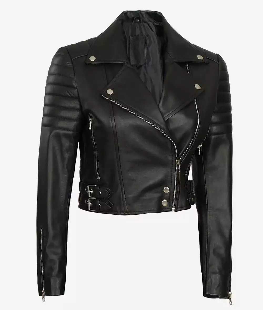 Premium Women Asymmetrical Black Cropped Moto Leather Jacket By TJS