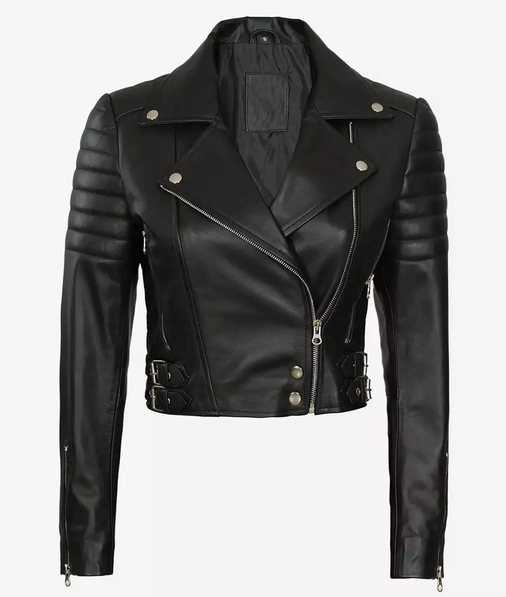 Premium Women Asymmetrical Black Cropped Moto Leather Jacket By TJS