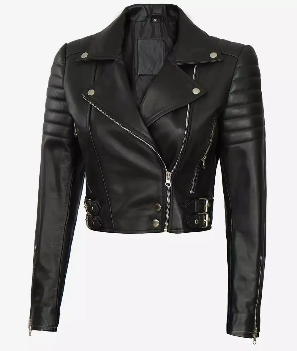 Premium Women Asymmetrical Black Cropped Moto Leather Jacket By TJS