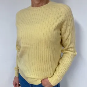 Primrose Yellow Ribbed Cashmere Crew Neck Jumper Medium